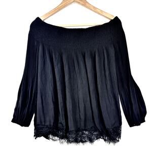 Chelsea28 Medium Black Smocked Lace Top Balloon Sleeve Pleated Formal Sexy Goth‎